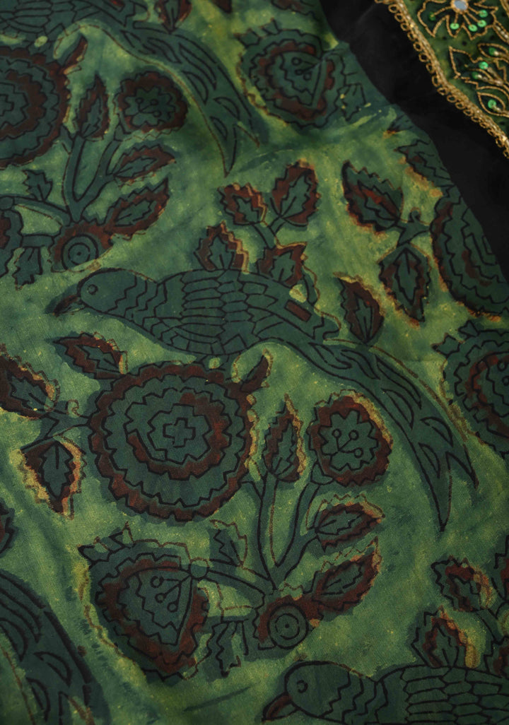 Green Modal Silk Saree with Vanaspati Hand Block Print, Sequins, Cutdana and Mirror Hand embroidery