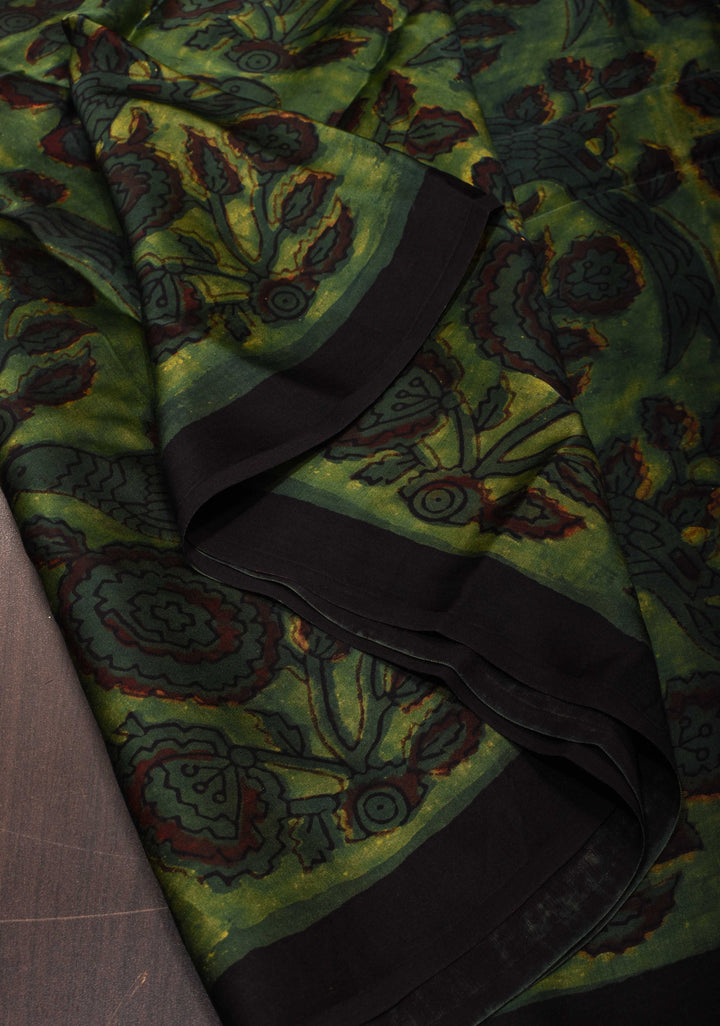 Vanaspati Hand Block Print on Modal Silk Saree in Green