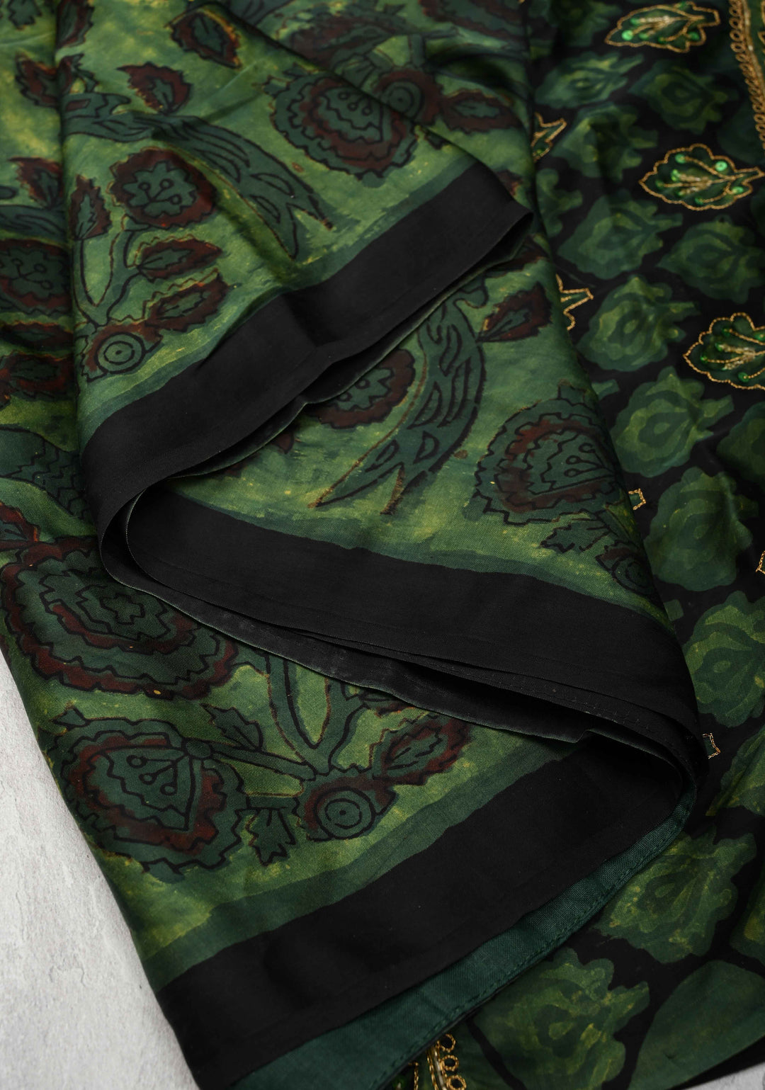 Green Modal Silk Saree with Vanaspati Hand Block Print, Sequins, Cutdana and Mirror Hand embroidery