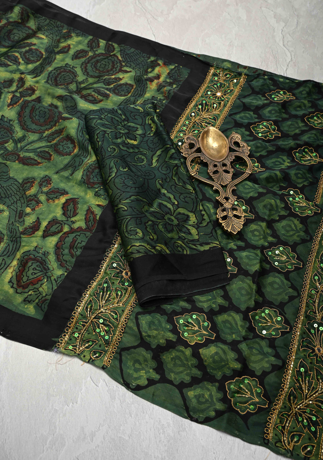 Green Modal Silk Saree with Vanaspati Hand Block Print, Sequins, Cutdana and Mirror Hand embroidery