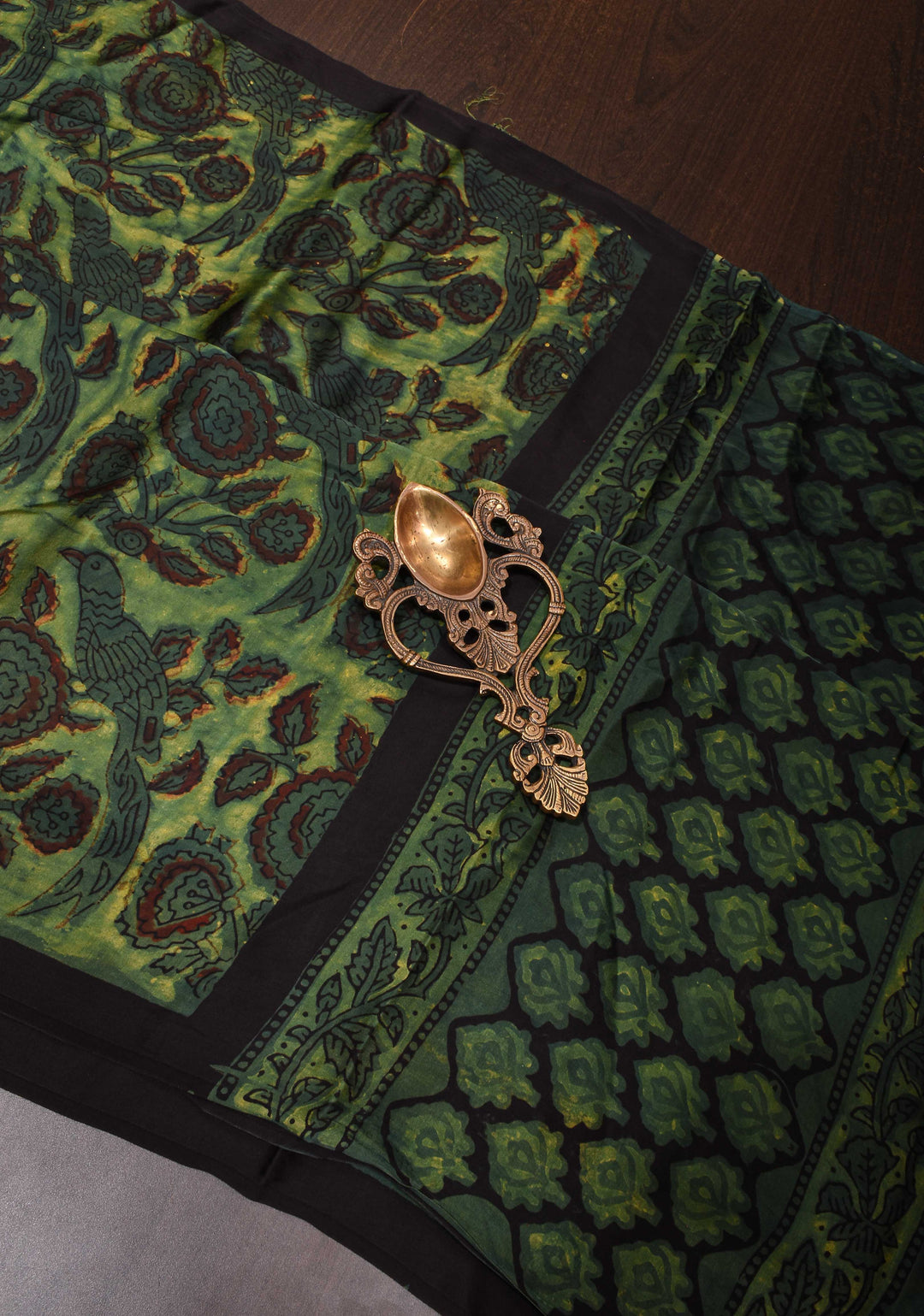 Vanaspati Hand Block Print on Modal Silk Saree in Green