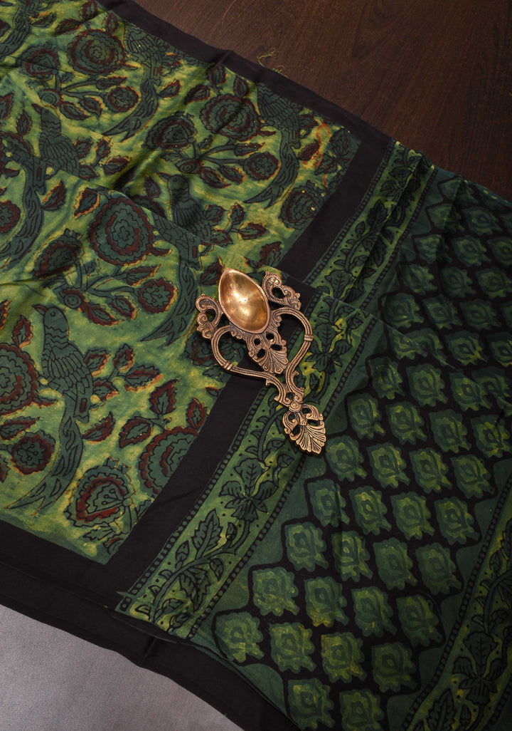 Vanaspati Hand Block Print on Modal Silk Saree in Green