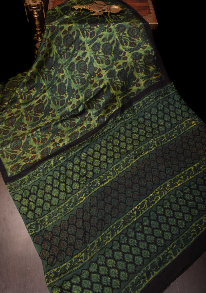 Vanaspati Hand Block Print on Modal Silk Saree in Green