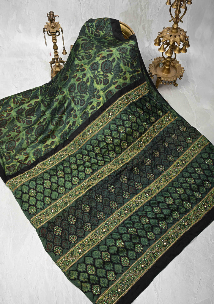 Green Modal Silk Saree with Vanaspati Hand Block Print, Sequins, Cutdana and Mirror Hand embroidery