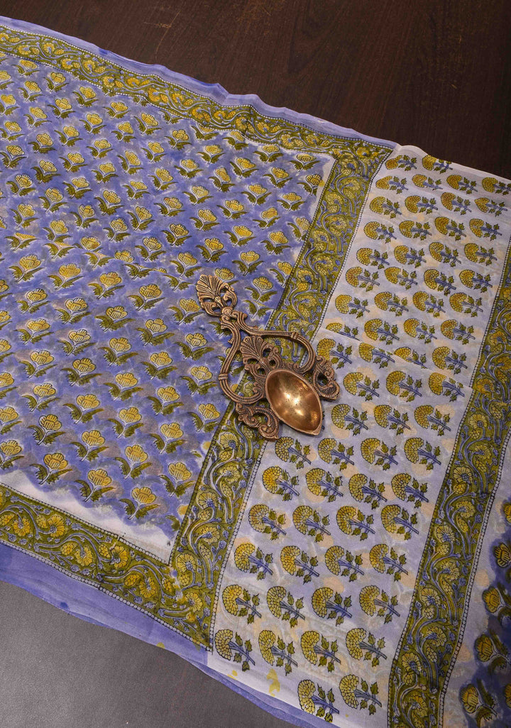 Blue Georgette Saree with Sanganeri Hand Block Print