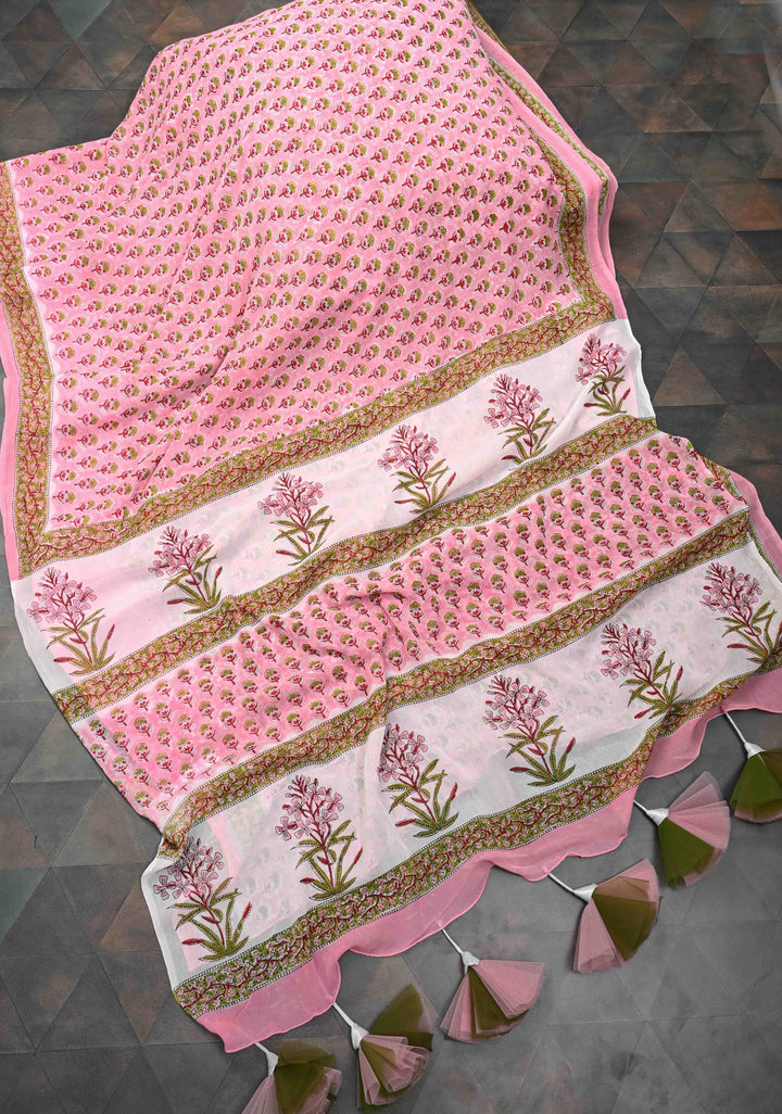 Rose Pink Georgette Saree with Sanganeri Hand Block Print and net tassels