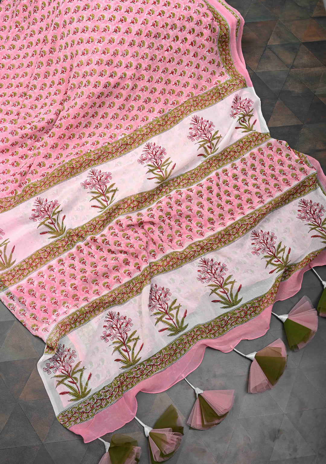 Rose Pink Georgette Saree with Sanganeri Hand Block Print and net tassels