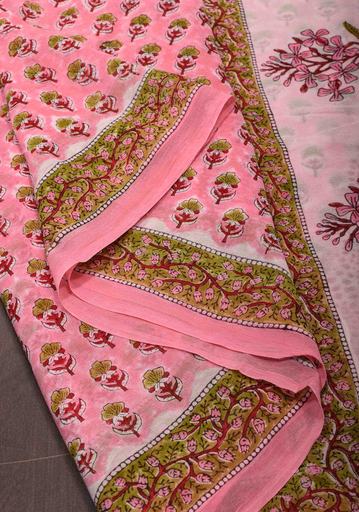 Rose Pink Georgette Saree with Sanganeri Hand Block Print and net tassels