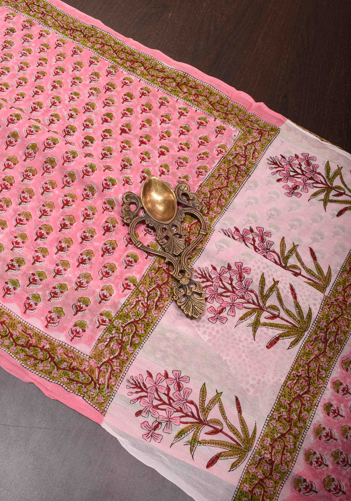 Rose Pink Georgette Saree with Sanganeri Hand Block Print and net tassels