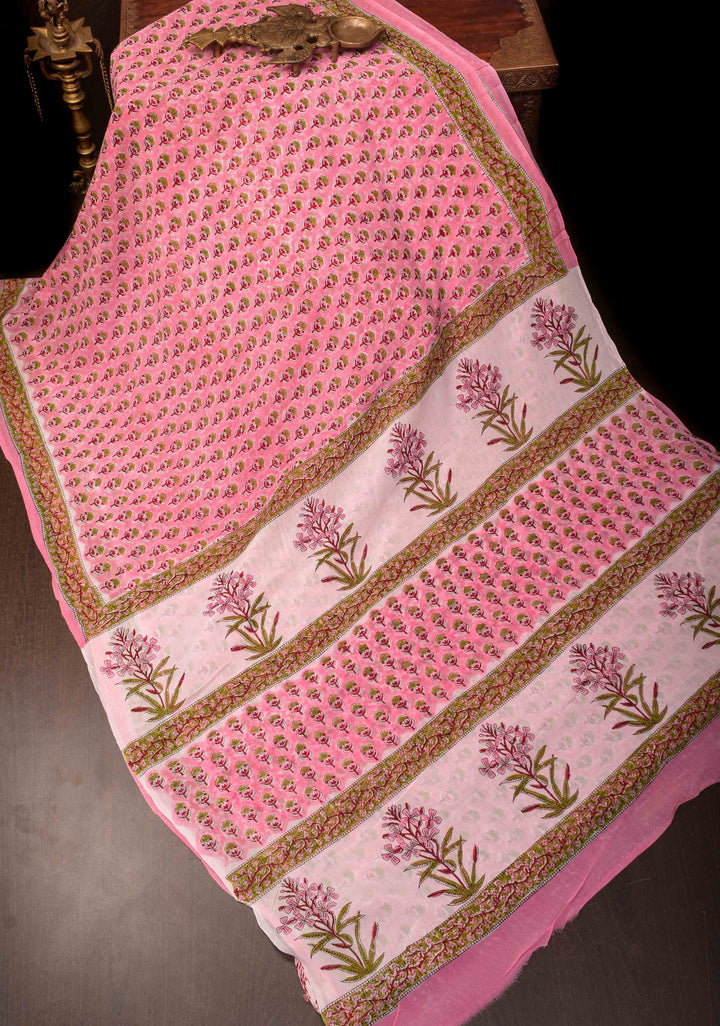 Rose Pink Georgette Saree with Sanganeri Hand Block Print and net tassels
