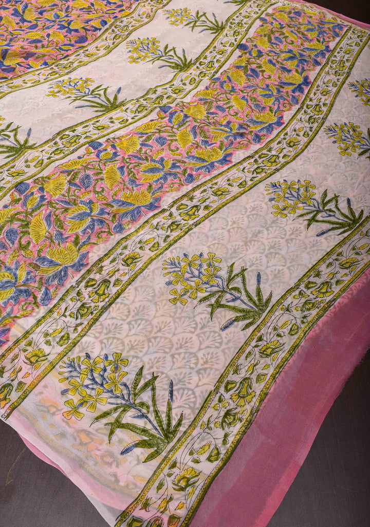 Pink Georgette Saree with Sanganeri Hand Block Print with net tassels