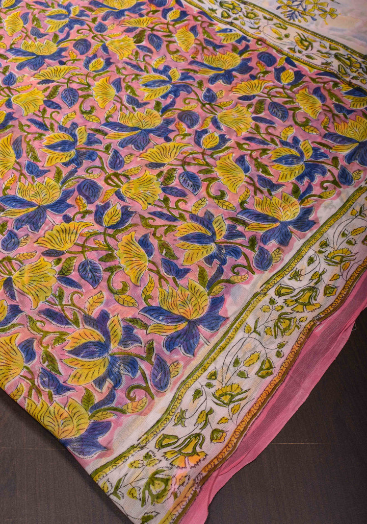 Pink Georgette Saree with Sanganeri Hand Block Print with net tassels