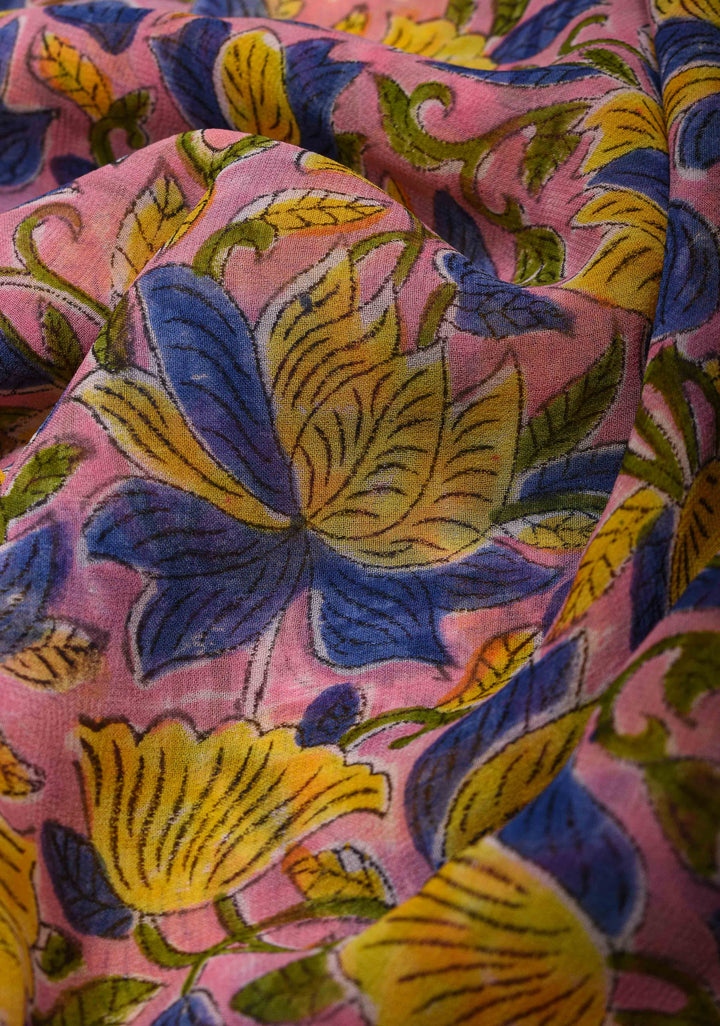 Pink Georgette Saree with Sanganeri Hand Block Print with net tassels