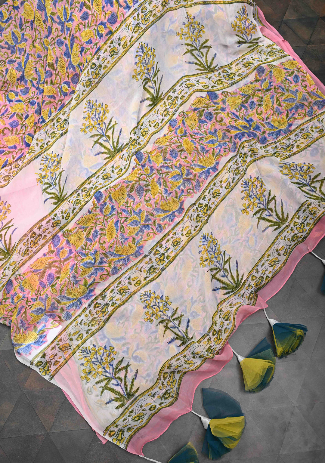 Pink Georgette Saree with Sanganeri Hand Block Print with net tassels