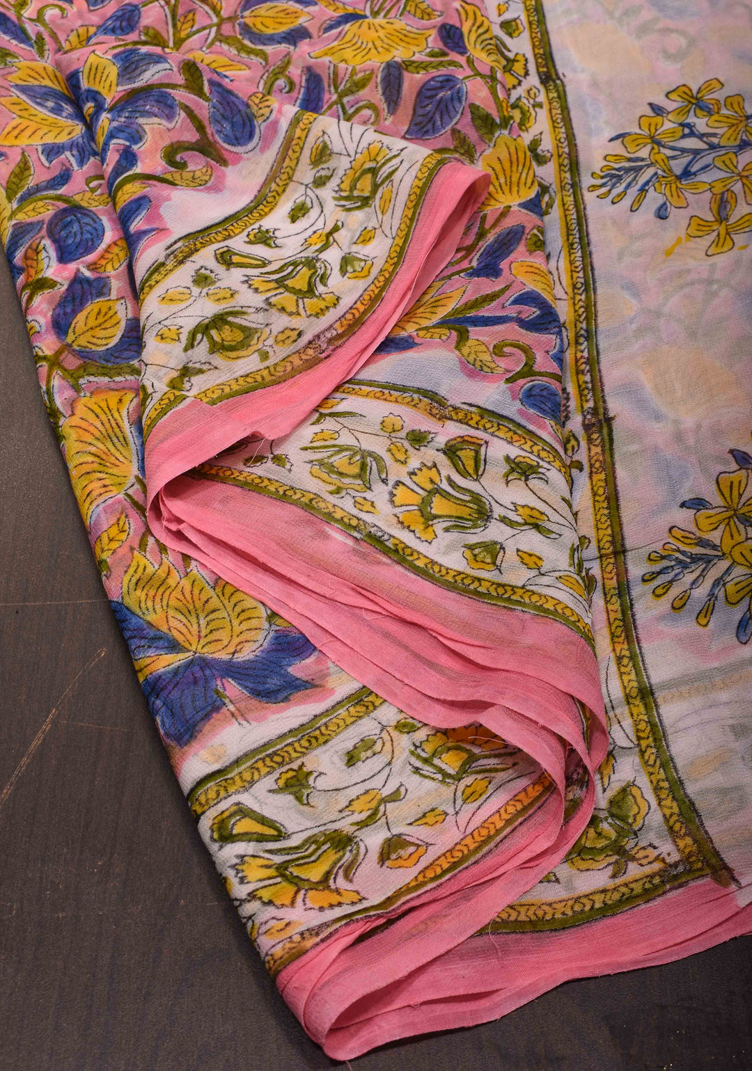 Pink Georgette Saree with Sanganeri Hand Block Print with net tassels