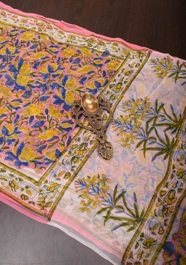 Pink Georgette Saree with Sanganeri Hand Block Print with net tassels