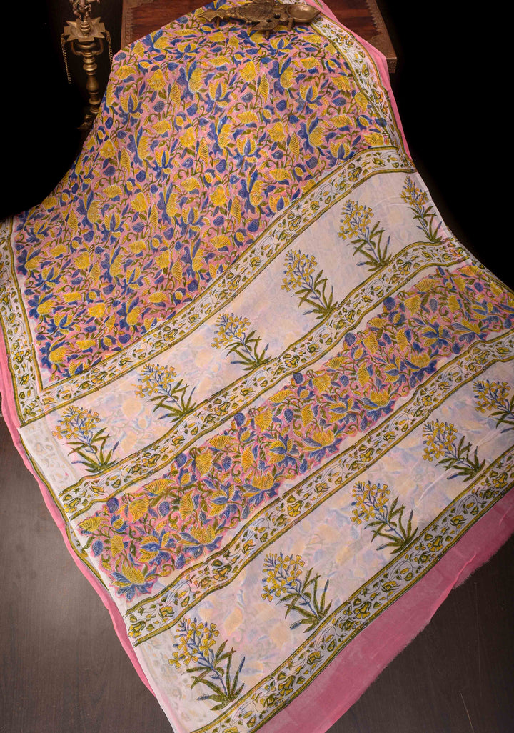 Pink Georgette Saree with Sanganeri Hand Block Print with net tassels