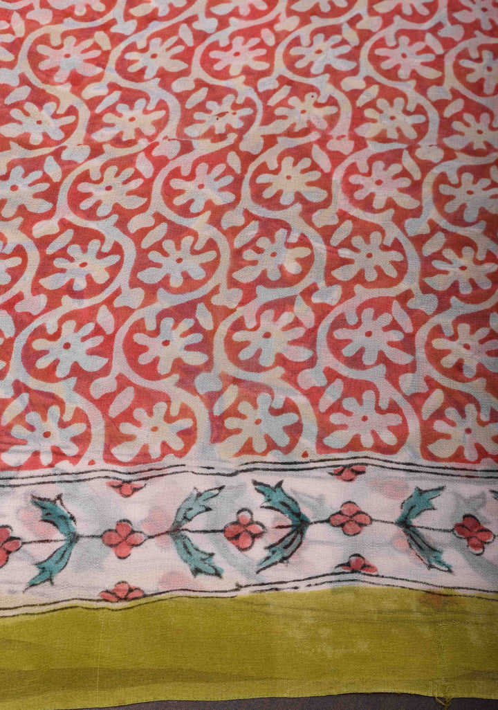 Moss Yellow Georgette Saree with Sanganeri Hand Block Print
