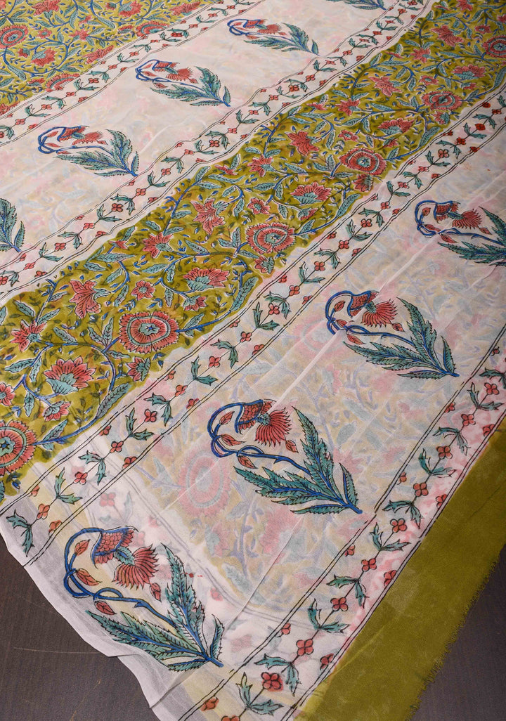 Moss Yellow Georgette Saree with Sanganeri Hand Block Print