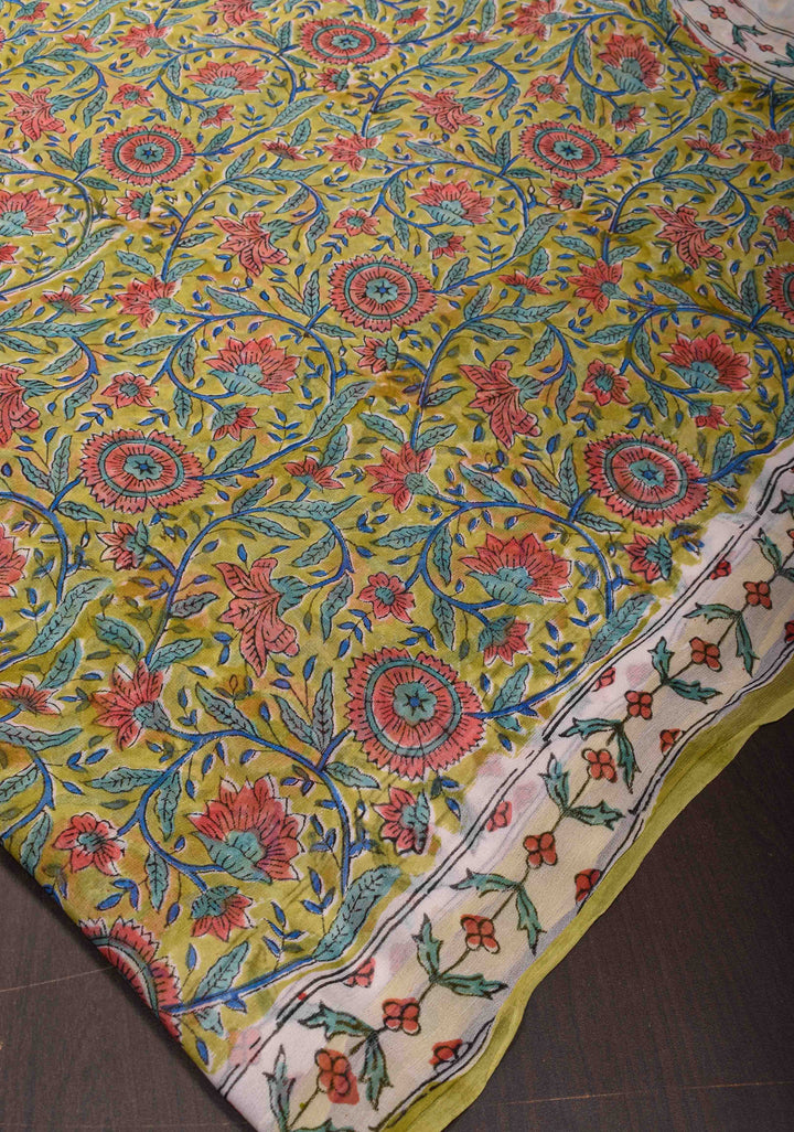 Moss Yellow Georgette Saree with Sanganeri Hand Block Print