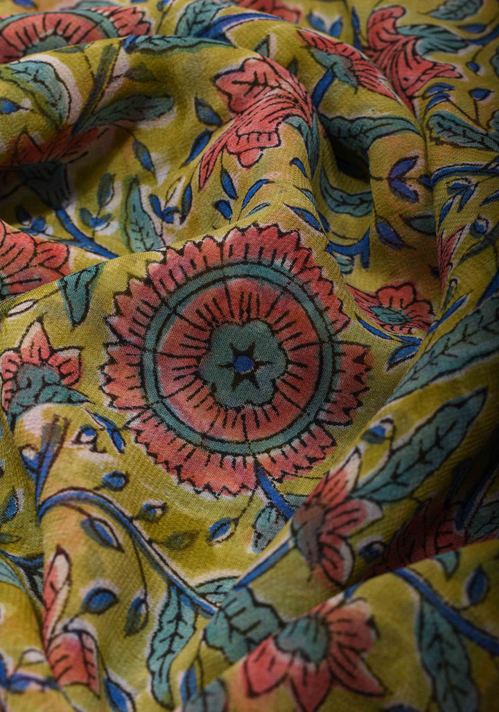 Moss Yellow Georgette Saree with Sanganeri Hand Block Print