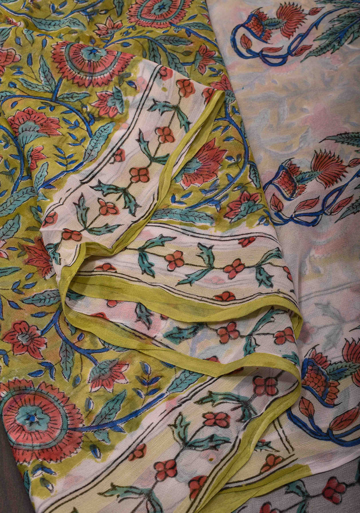 Moss Yellow Georgette Saree with Sanganeri Hand Block Print
