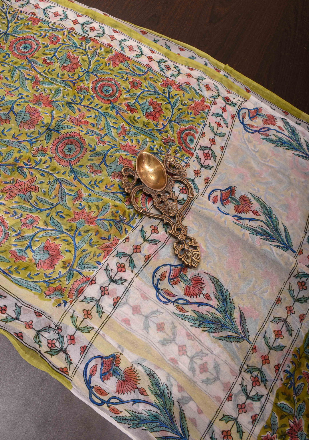 Moss Yellow Georgette Saree with Sanganeri Hand Block Print