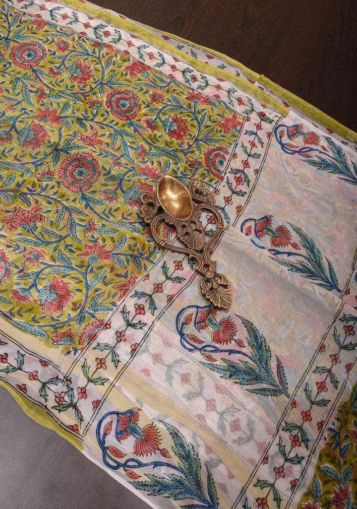 Moss Yellow Georgette Saree with Sanganeri Hand Block Print
