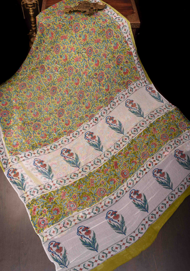 Moss Yellow Georgette Saree with Sanganeri Hand Block Print