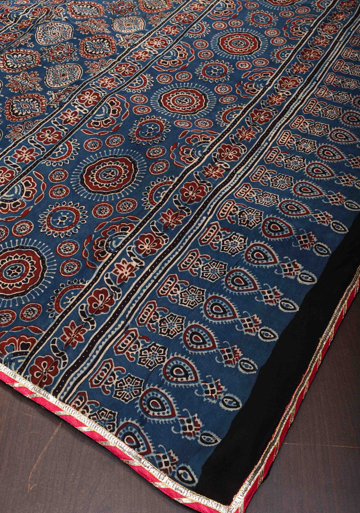 Blue Ajrakh Modal Silk Saree with Hand Block Print and Minimum Lace Border