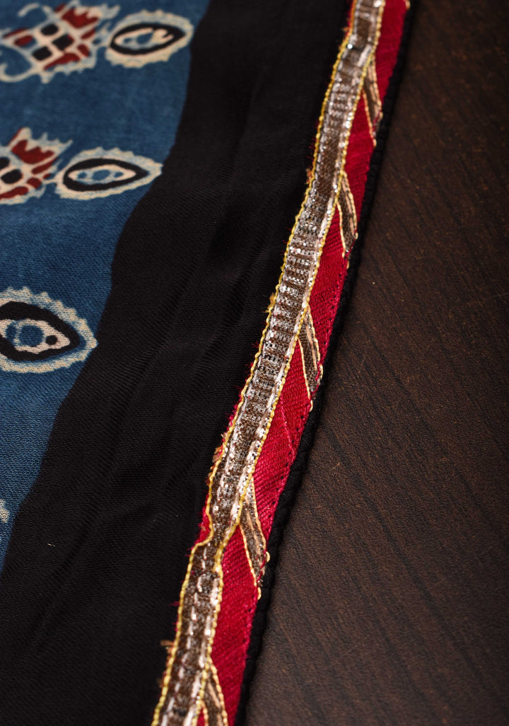 Blue Ajrakh Modal Silk Saree with Hand Block Print and Minimum Lace Border