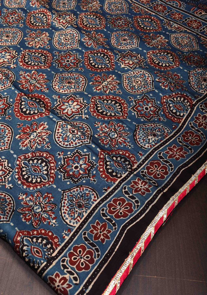 Blue Ajrakh Modal Silk Saree with Hand Block Print and Minimum Lace Border