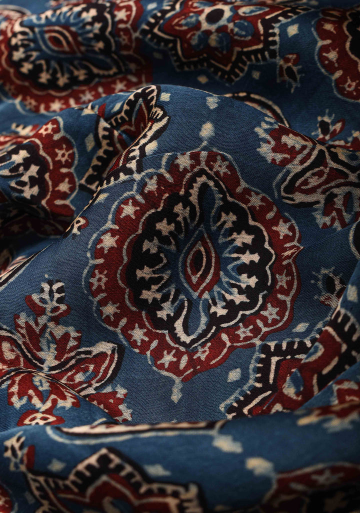 Blue Ajrakh Modal Silk Saree with Hand Block Print and Minimum Lace Border