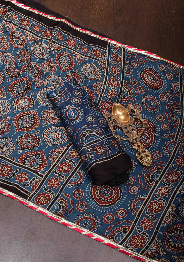 Blue Ajrakh Modal Silk Saree with Hand Block Print and Minimum Lace Border