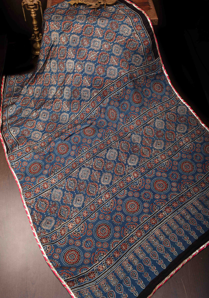 Blue Ajrakh Modal Silk Saree with Hand Block Print and Minimum Lace Border