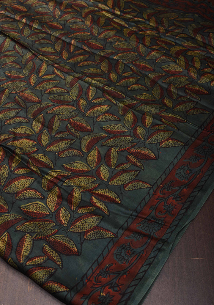 Jungle Green Vanaspati Hand Block Print on Modal Silk Saree