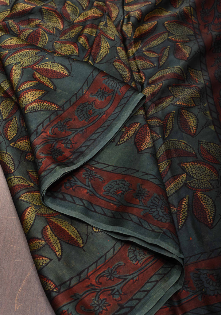 Jungle Green Vanaspati Hand Block Print on Modal Silk Saree
