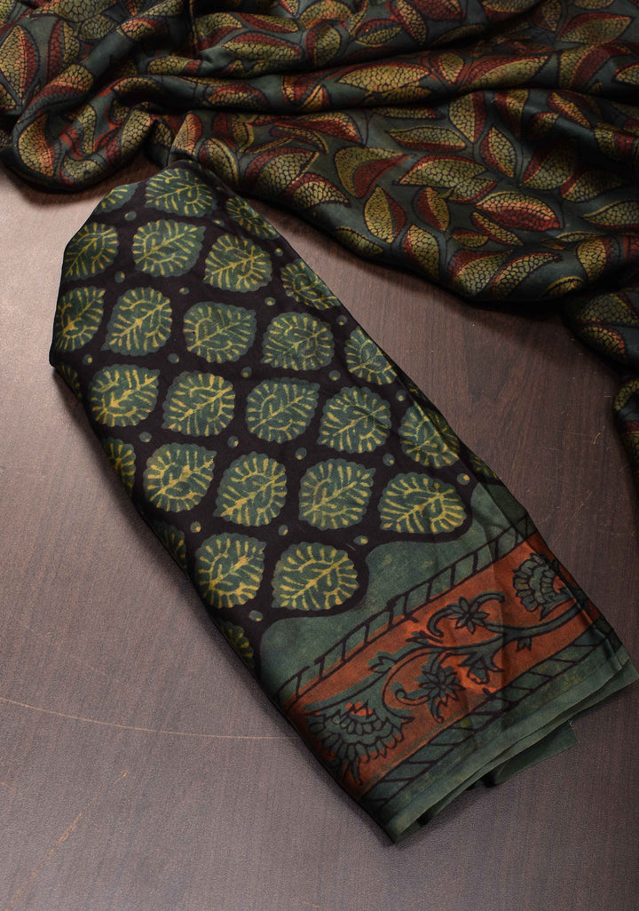 Jungle Green Vanaspati Hand Block Print on Modal Silk Saree