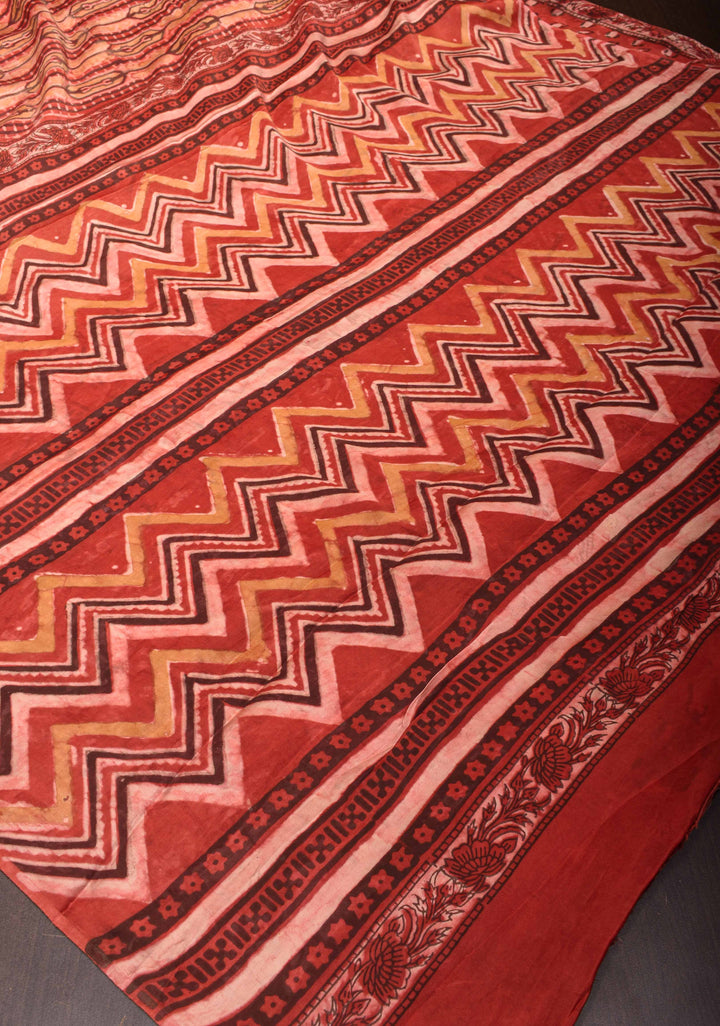 Vanaspati Print in Brick Red Hand Block Print on Modal Silk Saree