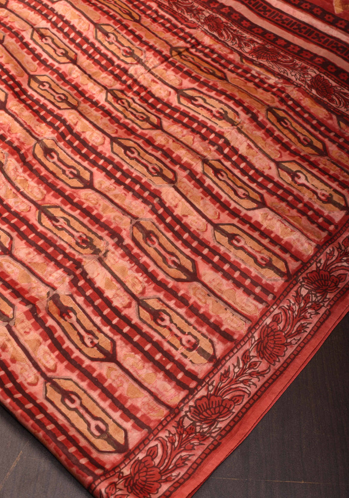 Vanaspati Print in Brick Red Hand Block Print on Modal Silk Saree