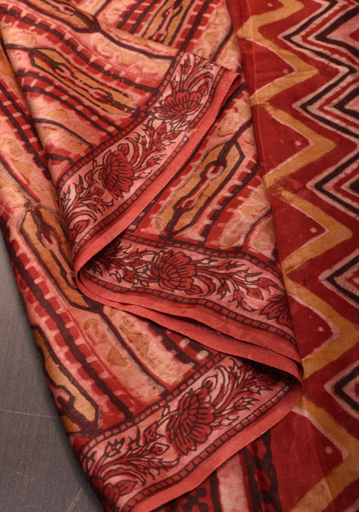 Vanaspati Print in Brick Red Hand Block Print on Modal Silk Saree