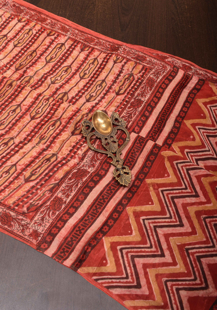 Vanaspati Print in Brick Red Hand Block Print on Modal Silk Saree