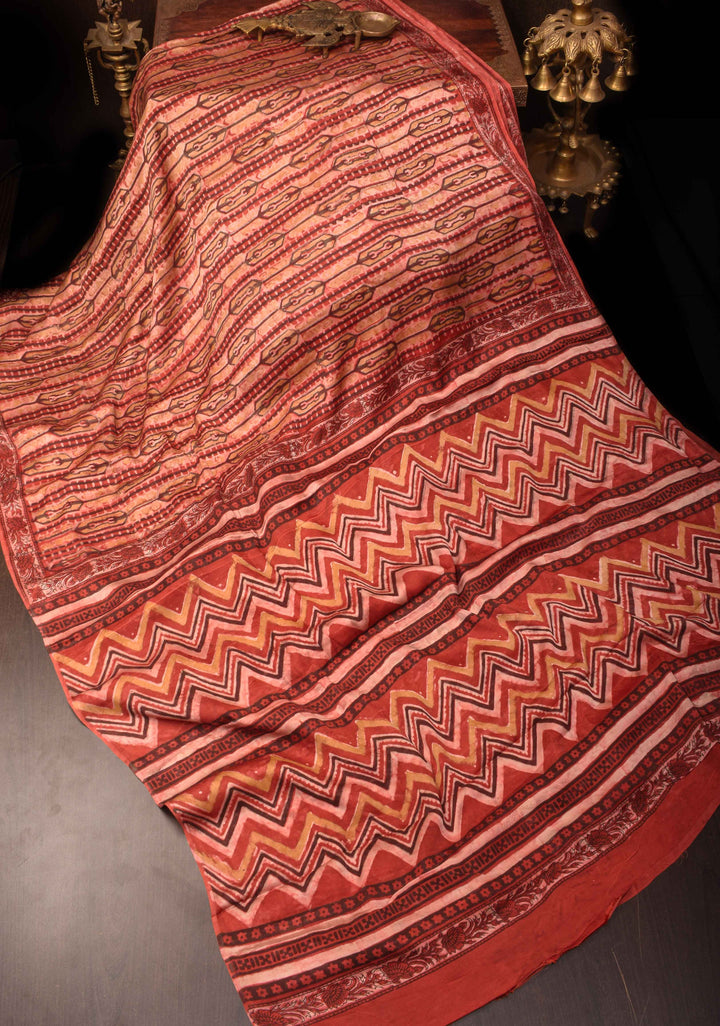 Vanaspati Print in Brick Red Hand Block Print on Modal Silk Saree