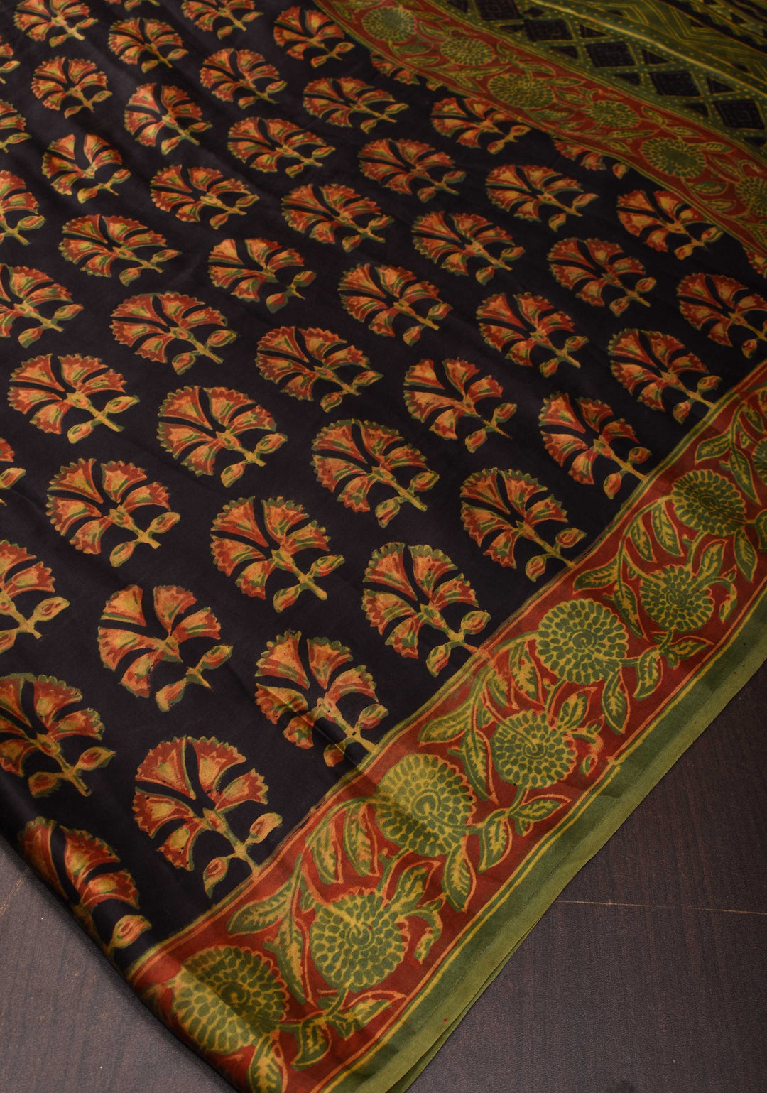 Black Vanaspati Hand Block Print on Modal Silk Saree