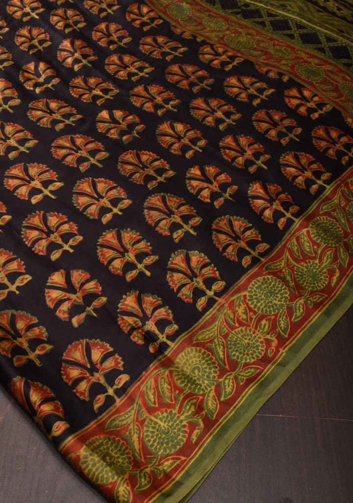 Black Vanaspati Hand Block Print on Modal Silk Saree