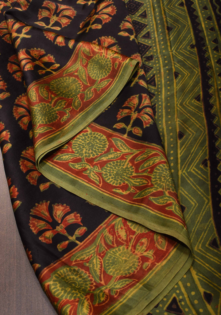 Black Vanaspati Hand Block Print on Modal Silk Saree