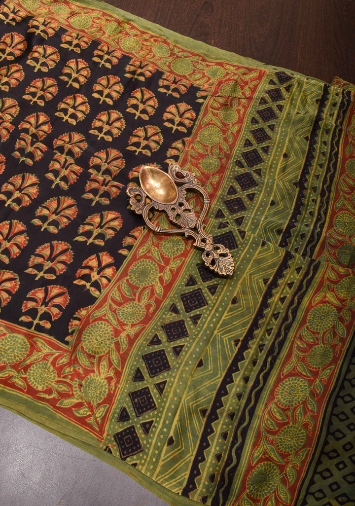 Black Vanaspati Hand Block Print on Modal Silk Saree