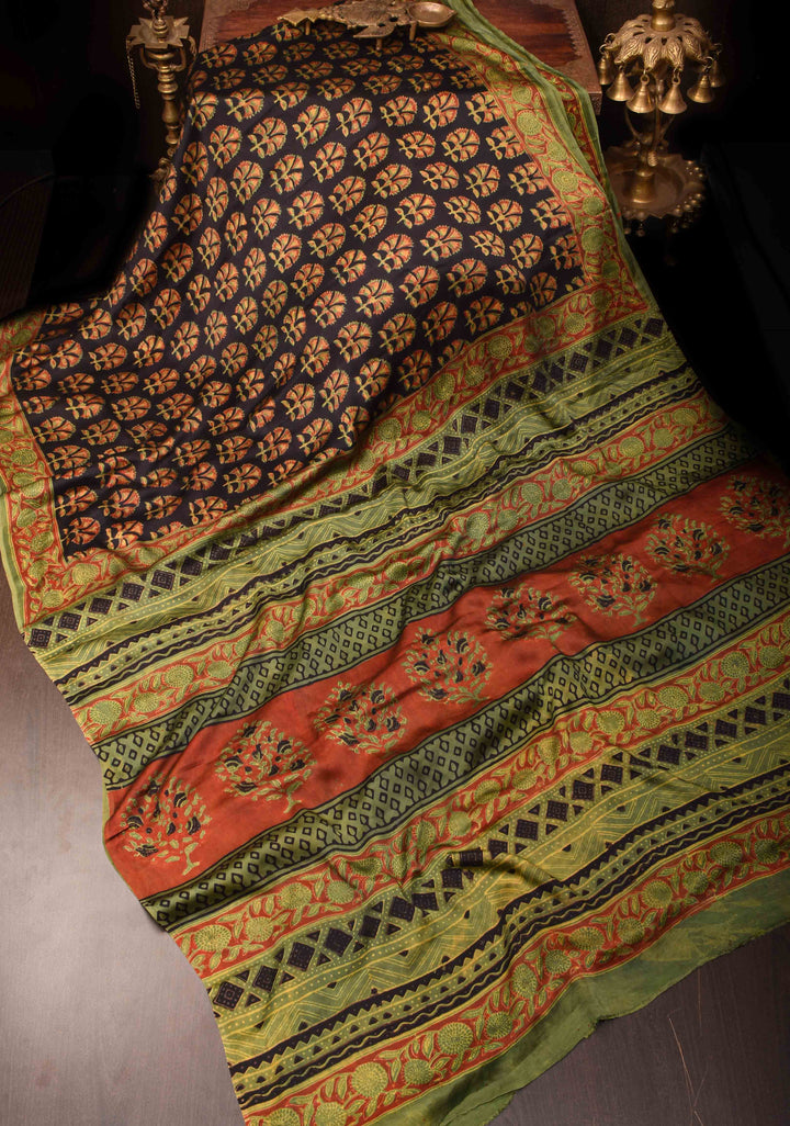 Black Vanaspati Hand Block Print on Modal Silk Saree