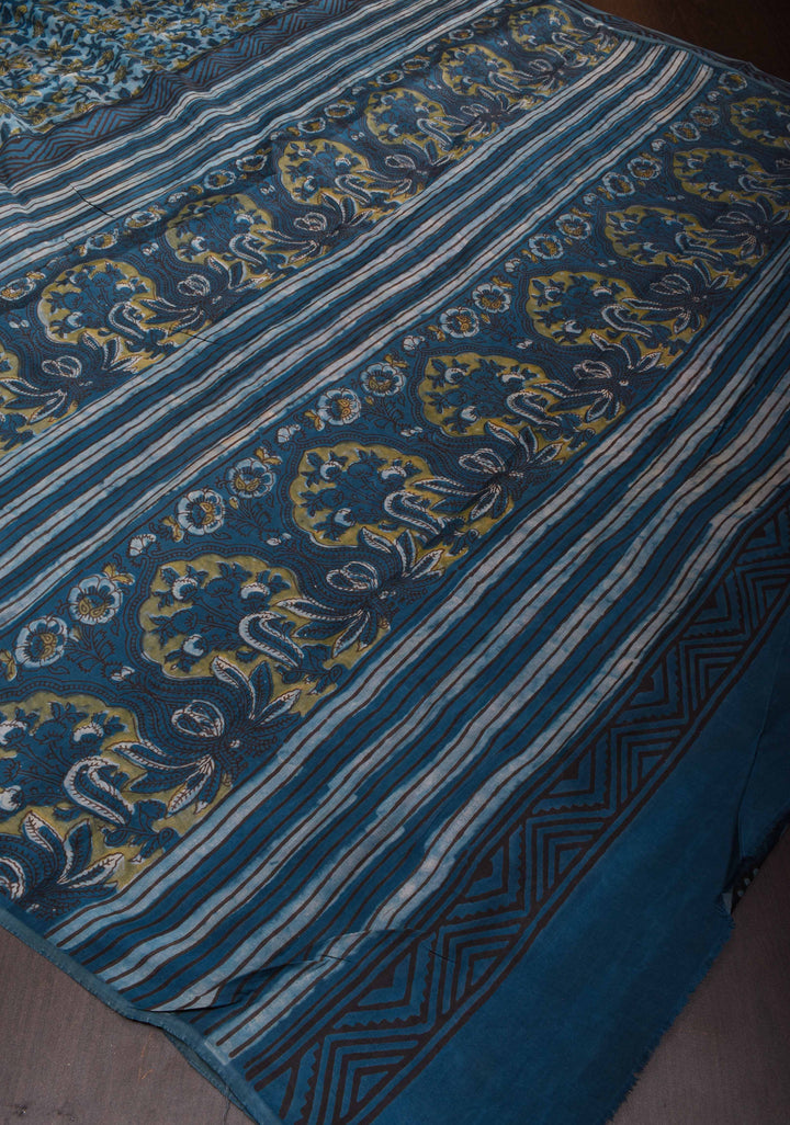 Indigo Vanaspati Hand Block Print on Modal Silk Saree