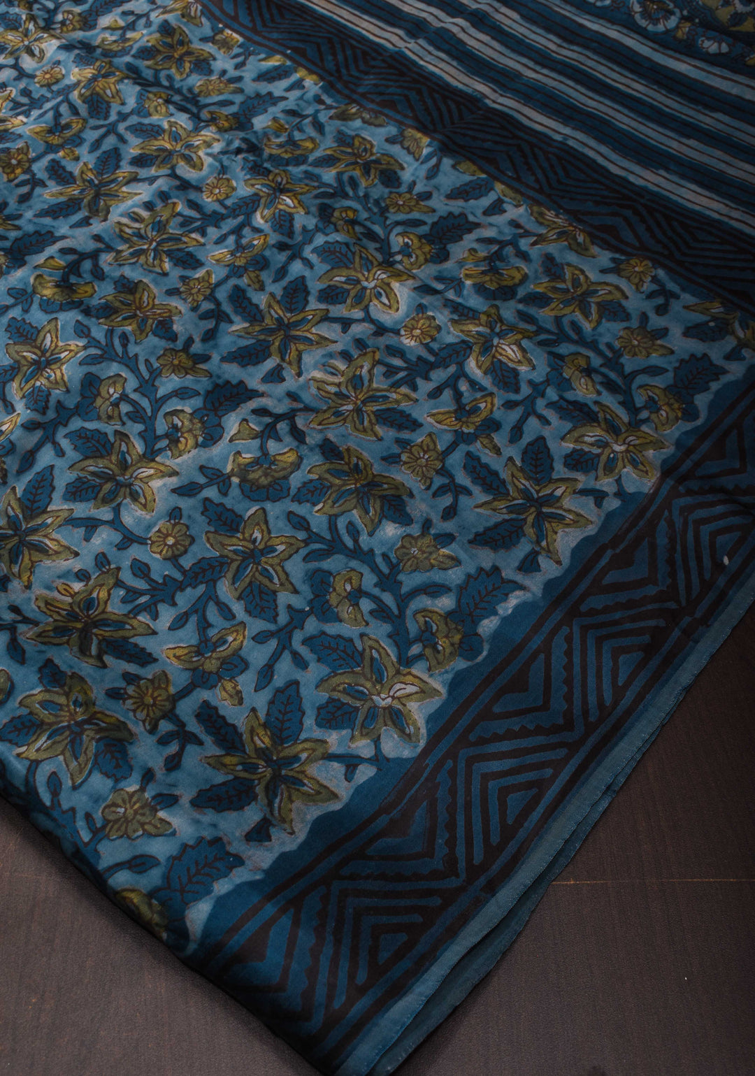 Indigo Vanaspati Hand Block Print on Modal Silk Saree